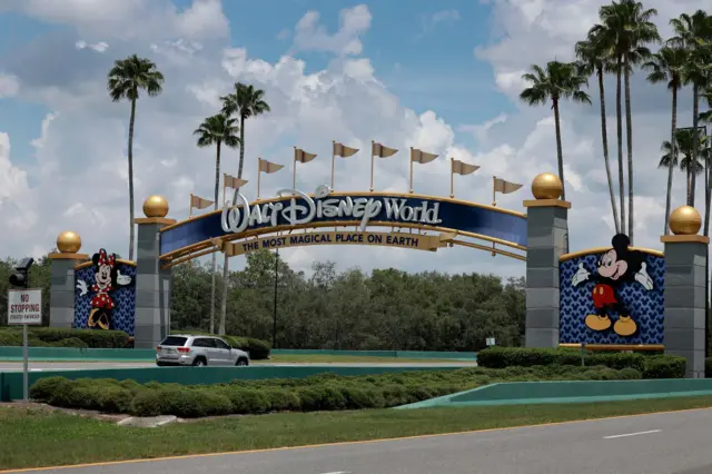 A sign near an entranceway to Walt Disney World on MAY 22, 2023 in Orlando, Florida.