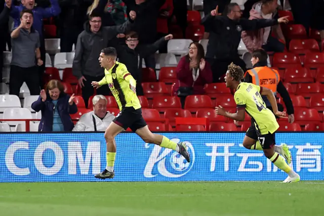 Zeki Amdouni of Burnley celebrates with Wilson Odobert of Burnley