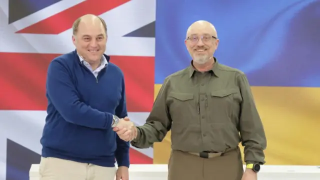 British Defence Minister Ben Wallace meets with Ukrainian Defence Minister Oleksii Reznikov during his visit in Kyiv, Ukraine, in this handout image released on May 24, 2023