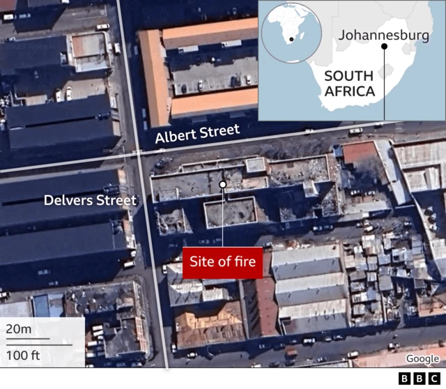 A graphic showing the location of the site of the fire in Johannesburg