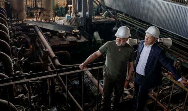 Grant Shapps and Ukrainian Energy Minister German Galushchenko visit an energy facility damaged by Russian military strike earlier this year