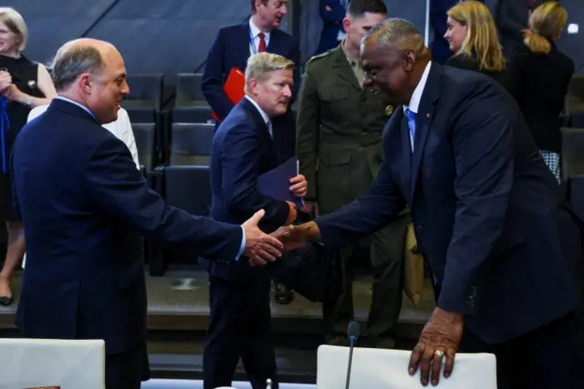 Ben Wallace with Secretary of Defence Lloyd Austin, at a Nato defence ministers' meeting in Brussels - 15 June 2023.