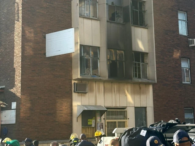 The blackened exterior of a burnt building in Johannesburg