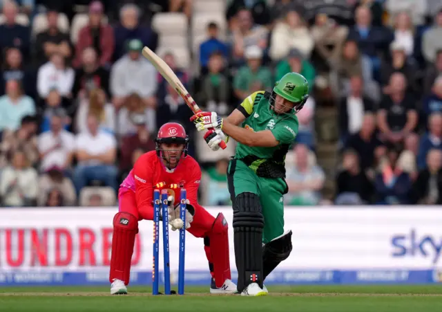 Southern Brave's Leus du Plooy is bowled by Welsh Fire's Roelof van der Merwe during the men's The Hundred match at The Ageas Bowl, Southampton