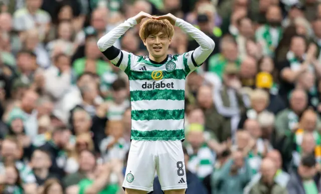 Kyogo Furuhashi celebrates scoring against Ross County at Celtic Park