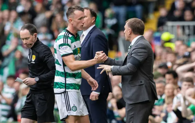 Celtic manager Brendan Rodgers with David Turnbull during a cinch Premiership match between Celtic and Ross County at Celtic Park