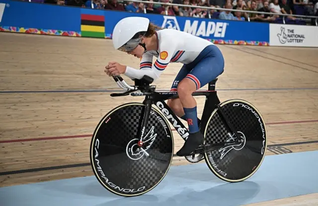 Great Britain's Daphne Schrager finishes the women's C2 para-cycling Individual Pursuit Finals