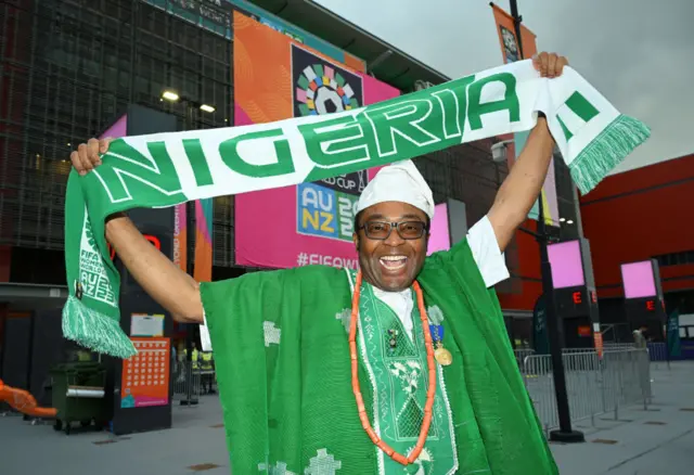 A Nigeria fan shows their support prior to the FIFA Women's World Cup Australia & New Zealand 2023 Round of 16 match between England and Nigeria at Brisbane Stadium on August 07, 2023