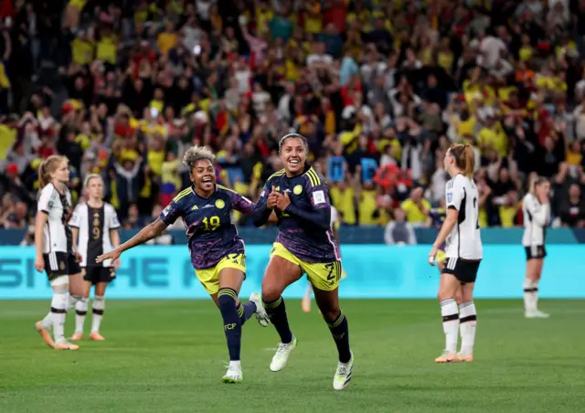 Vanegas celebrates scoring the winning goal v Germany.