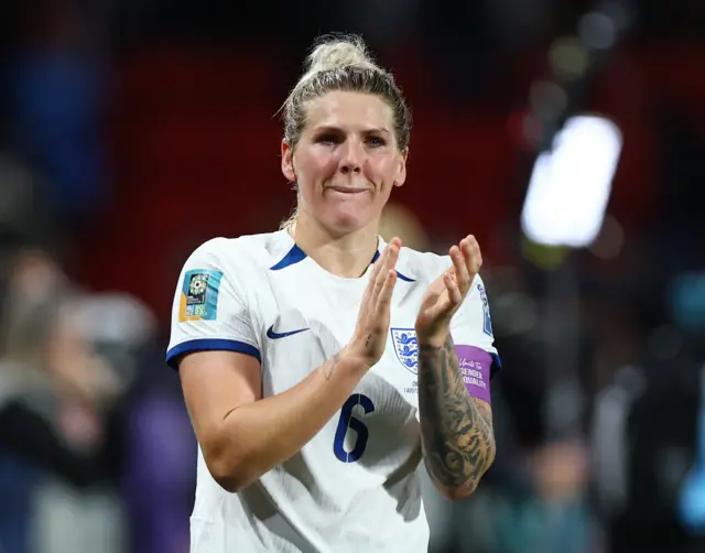 Millie Bright applauds the fans after Englands win over China.