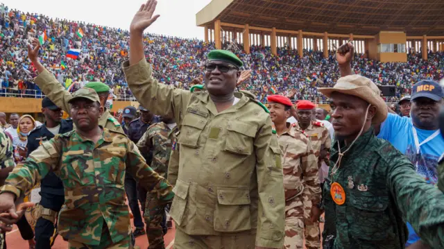 Mohamed Toumba, one of the leading figures of the National Council for the Protection of the Fatherland, attends the demonstration of coup supporters and greets them at a stadium in the capital city of Niger, Niamey on 6 August, 2023.