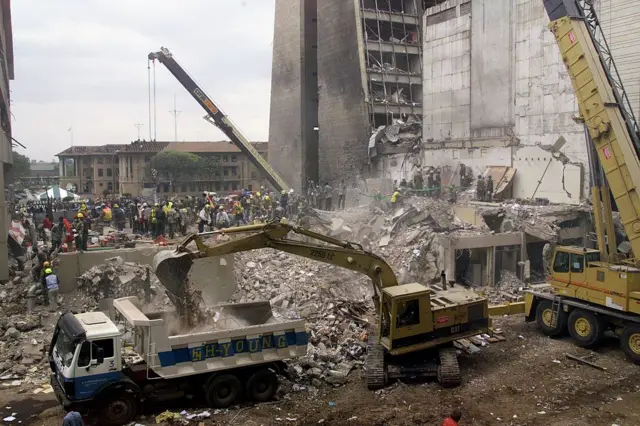 General view of the bombing site, 11 August, in Nairobi, five days after the deadly bomb attack there