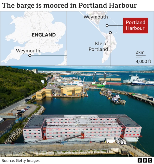 Graphic showing Bibby Stockholm moored in Portland harbour