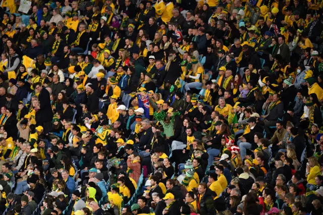 Australia fans stand behind supportive banners for the side.