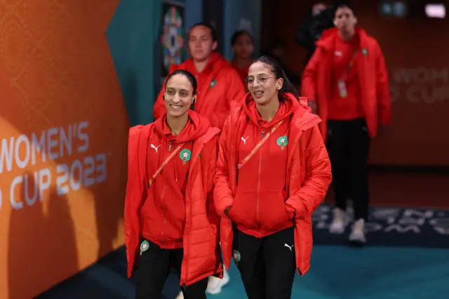 Morocco players arrive at the stadium.