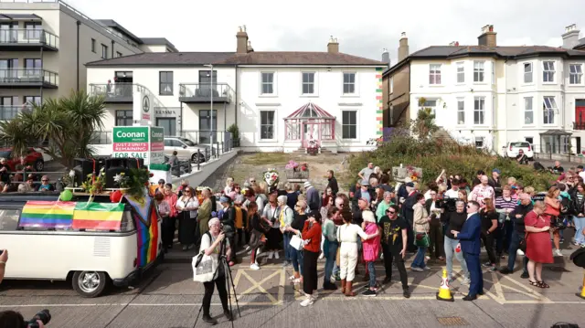 Fans outside the former home of Sinead O'Connor in Bray, Co Wicklow, ahead of the late singer's funeral today. Picture date: Tuesday August 8, 2023. PA Photo. Grammy-winning O'Connor, 56, was found unresponsive by police at her south-east London home on July 26. See PA story FUNERAL OConnor.