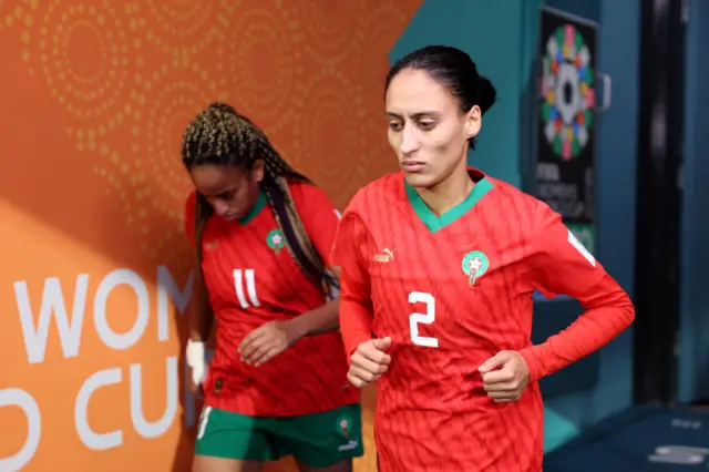 Morocco players make their way back out of the tunnel for the second half.