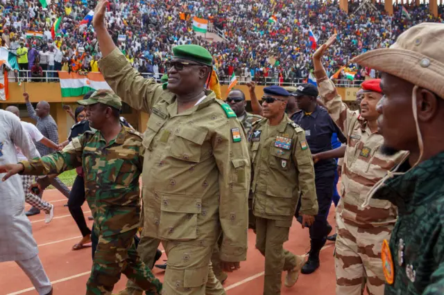 Mohamed Toumba, one of the leading figures of the National Council for the Protection of the Fatherland, attends the demonstration of coup supporters and greets them at a stadium in the capital city of Niger, Niamey on August 6, 2023.