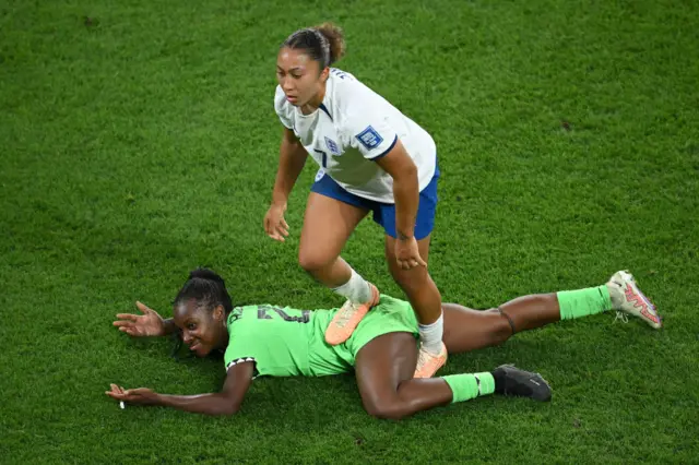 Lauren James of England stamps on Michelle Alozie of Nigeria which later leads to a red card being shown following a Video Assistant Referee review during the FIFA Women's World Cup.