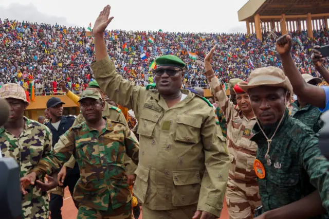 Mohamed Toumba, one of the leading figures of the National Council for the Protection of the Fatherland, attends the demonstration of coup supporters and greets them at a stadium in the capital city of Niger, Niamey on August 6, 2023.