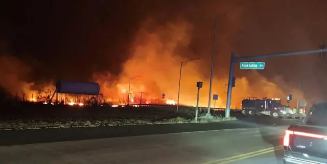 A view of the fires from on a road in Lahaina town on Maui island