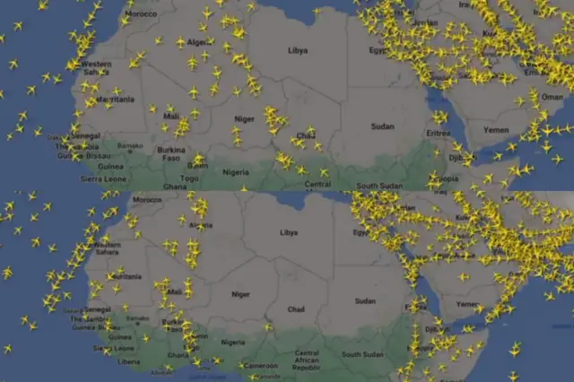 Flight patterns before (top) and after (bottom) the airspace closure