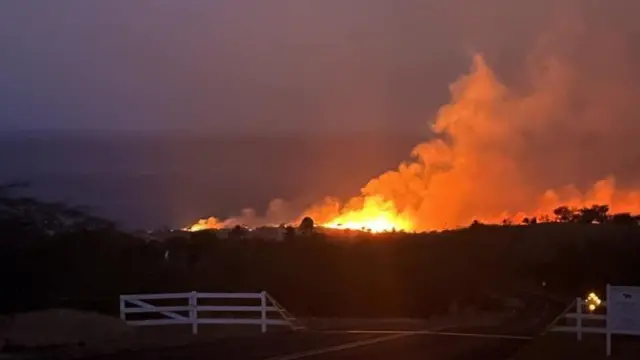 A fire seen beyond a white gate and a forest in the distance