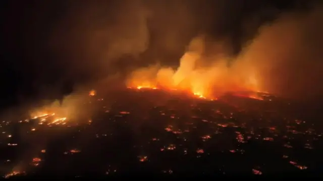 An aerial view of a wildfire in Kihei, Maui County, Hawaii