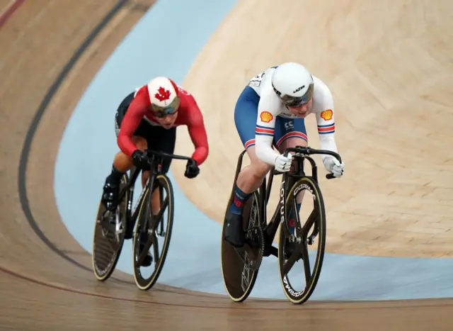 Great Britain's Emma Finucane beats Canada's Lauriane Genest in the sprint quarter-final at the 2023 World Cycling Championships