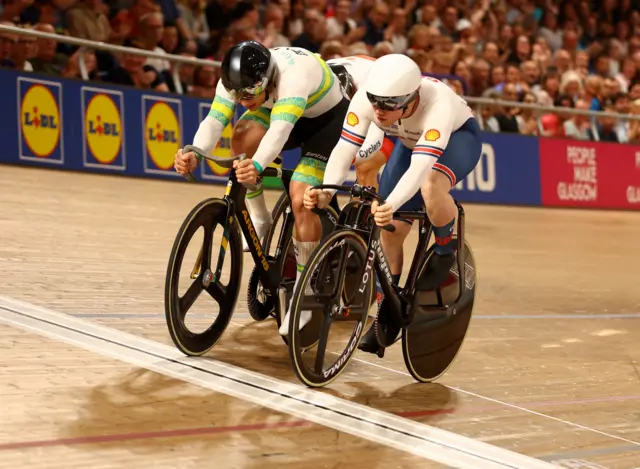 Jack Carlin crosses the finish line in the keirin quarter final