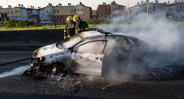 A burnt-out car on the N2 near Langa on August 03, 2023 in Cape Town, South Africa.