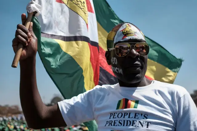 supporter of Zimbabwe's ruling party ZANU PF with the Zimbabwe national flag painted on his face