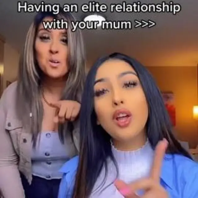 The Bukhari women appeared together in a TikTok, dancing. Text reading 'having an elite relationship with your mum" hovers overhead.