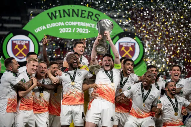 West Ham lift the Europa Conference League trophy