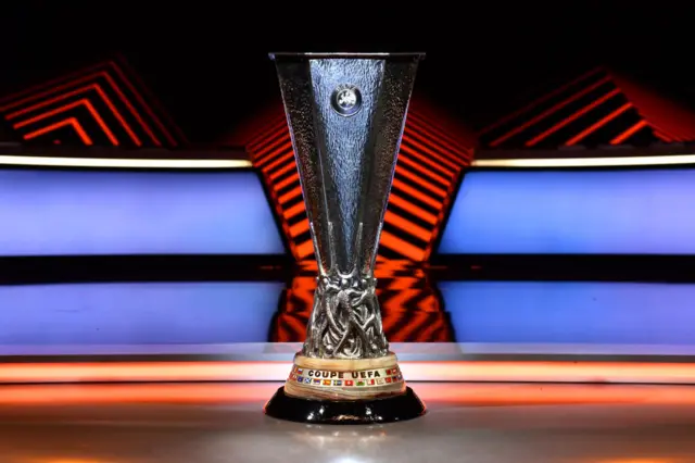 The UEFA Europa League trophy is seen prior to the 2023/24 Group Stage Draw.