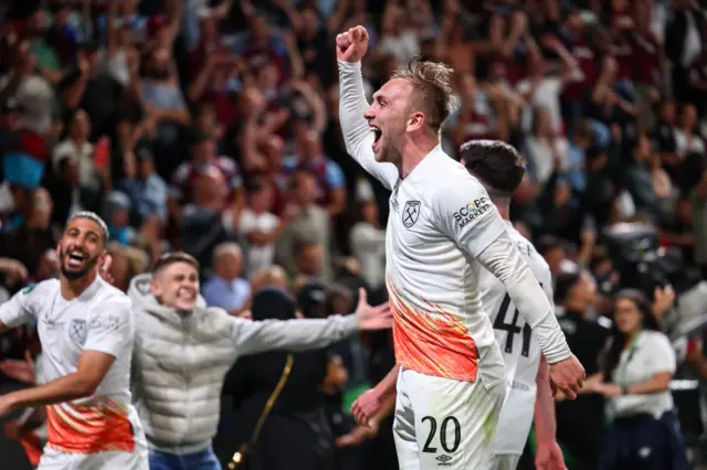 Jarrod Bowen, his West Ham team-mates and fans celebrate his winner in the Europa Conference League final