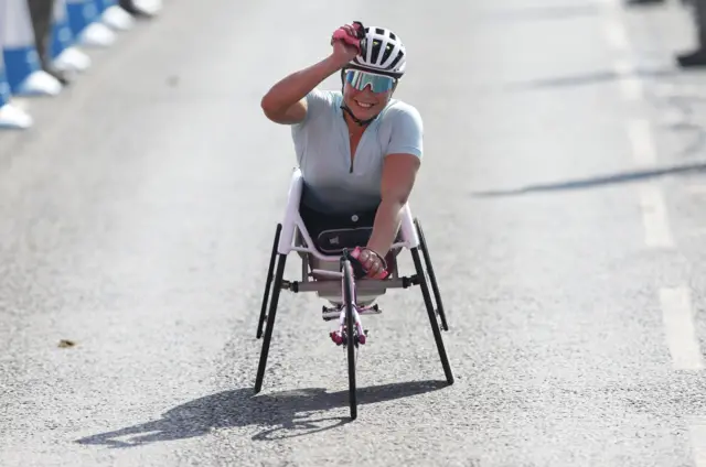 Samantha Kinghorn wins the Women's Elite Wheelchair Race of the AJ Bell Great North Run 2023 through Newcastle upon Tyne, Gateshead and South Shields. Picture date: Sunday September 10, 2023.