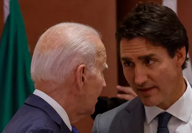 US President Joe Biden with Canada's Prime Minister Justin Trudeau at the G20 Leaders' Summit in Delhi on September 9, 2023