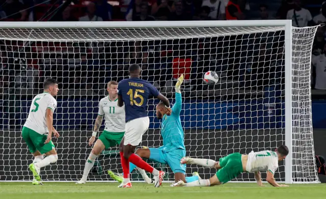 Marcus Thuram scores France's second goal in the win over the Republic of Ireland three days ago