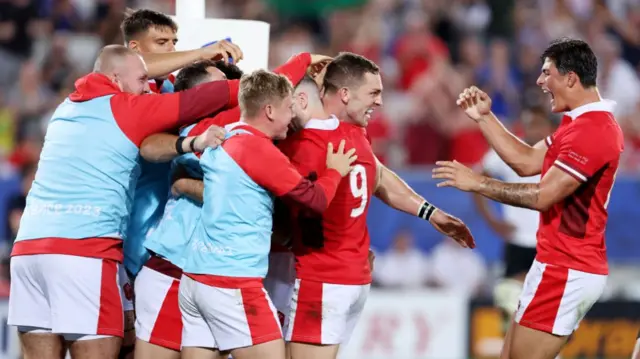 George North celebrates his score