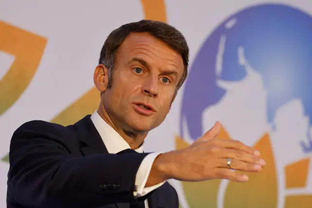 France's President Emmanuel Macron speaks at a press conference after attending the G20 summit in Delhi on September 10, 2023. (