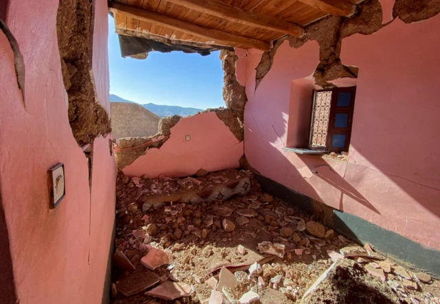 A room torn apart by the qauke in the village of Tansghart in the Asni area