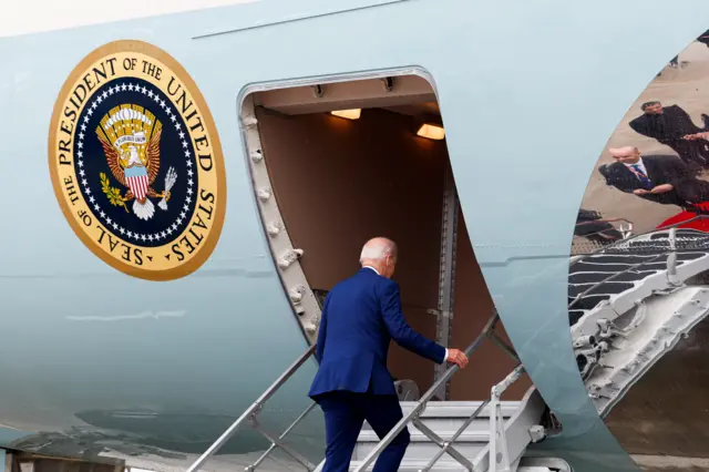 U.S. President Joe Biden boards Air Force One as he departs from Indira Gandhi International Airport to Vietnam, following the G20 Summit, in New Delhi, India, September 10, 2023.