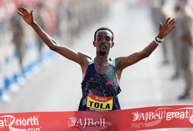 Tamirat Tola wins the Men's Elite Race of the AJ Bell Great North Run 2023 through Newcastle upon Tyne, Gateshead and South Shields. Picture date: Sunday September 10, 2023.