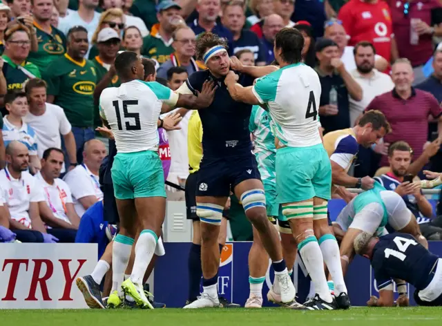 Scotland's Jamie Ritchie argues with South Africa's Damian Willemse (left) and Eben Etzebeth during the 2023 Rugby World Cup Pool B match at the Stade de Marseille, France