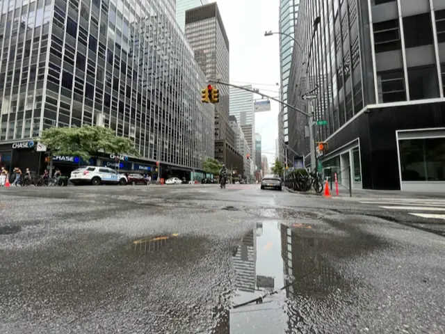 View of a wet Third Avenue in Manhattan