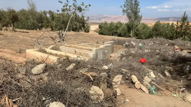 A graveyard with fresh graves dug