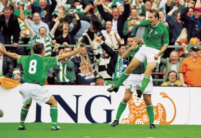 Jason McAteer celebrates scoring the only goal as the Irish beat Netherlands 1-0 in a World Cup qualifier in 2001