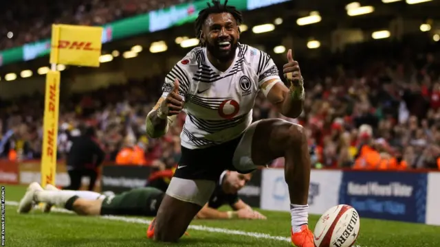 Fiji's Waisea Nayacalevu scored against Wales in November 2021 in Cardiff