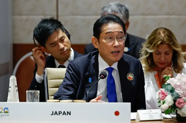 Japan's Prime Minister Fumio Kishida (C) attends a session at the G20 summit in New Delhi on September 9, 2023.